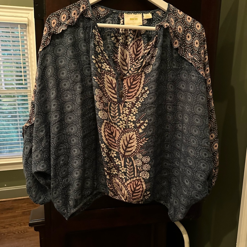 Anthropologie Letizia Floral Ruffle Romantic Blue Blouse Top -Small